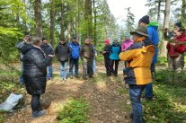 Mehrere Personen stehen in einem Kreis im Wald